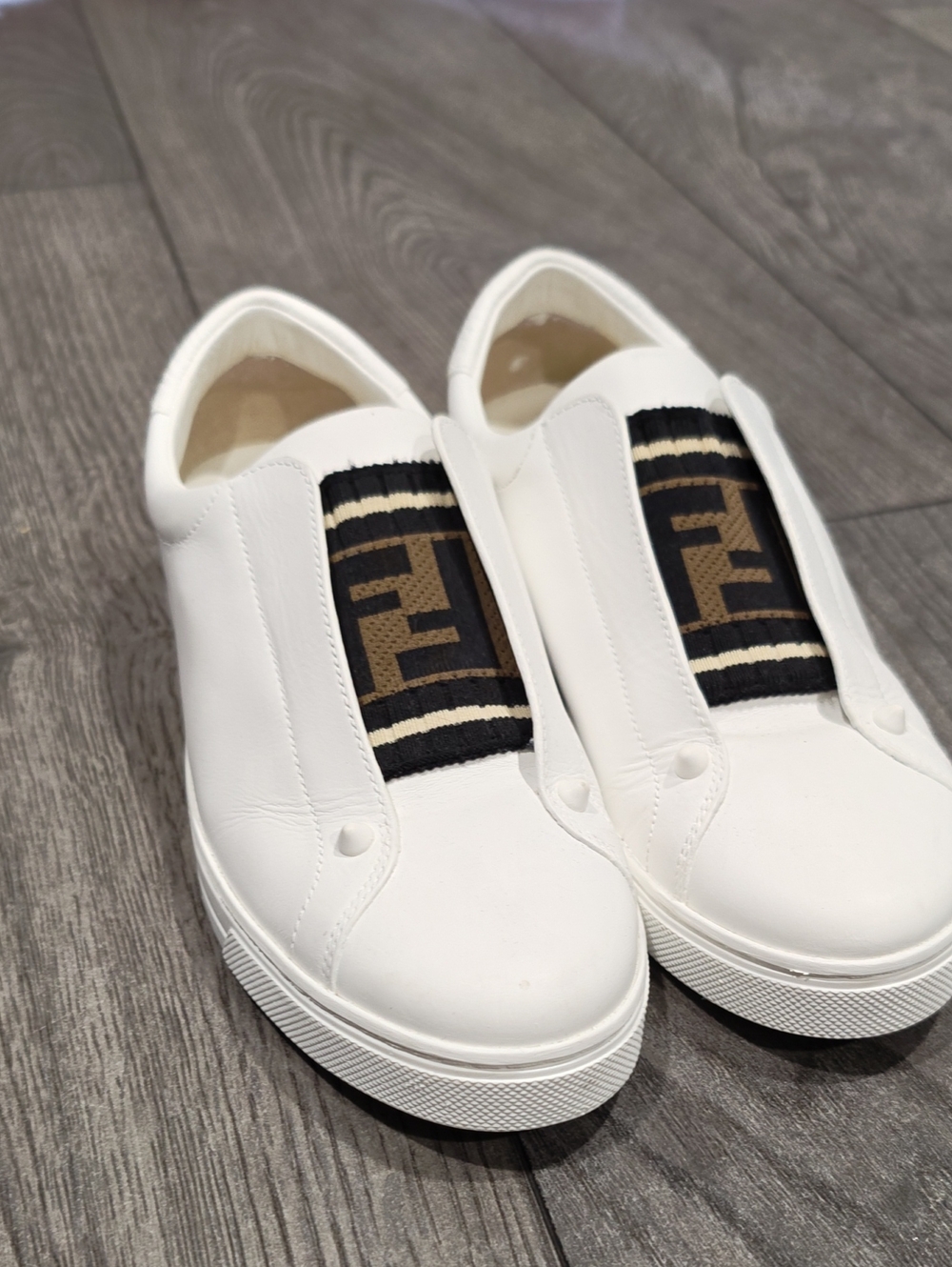 Fendi White Leather Slip-Ons with Brown & Black FF Band